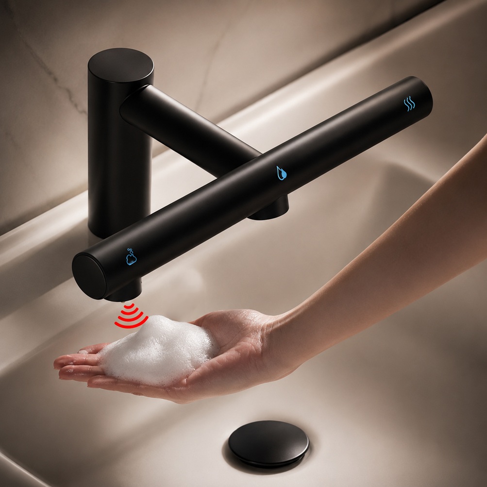 Matte black integrated touchless faucet and soap dispenser model dispensing foam soap into a hand with visible sensor activation icons